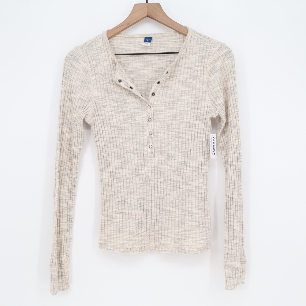 Old Navy Henley Womens M Plush Tee Oatmeal Ribbed Long Sleeve NEW